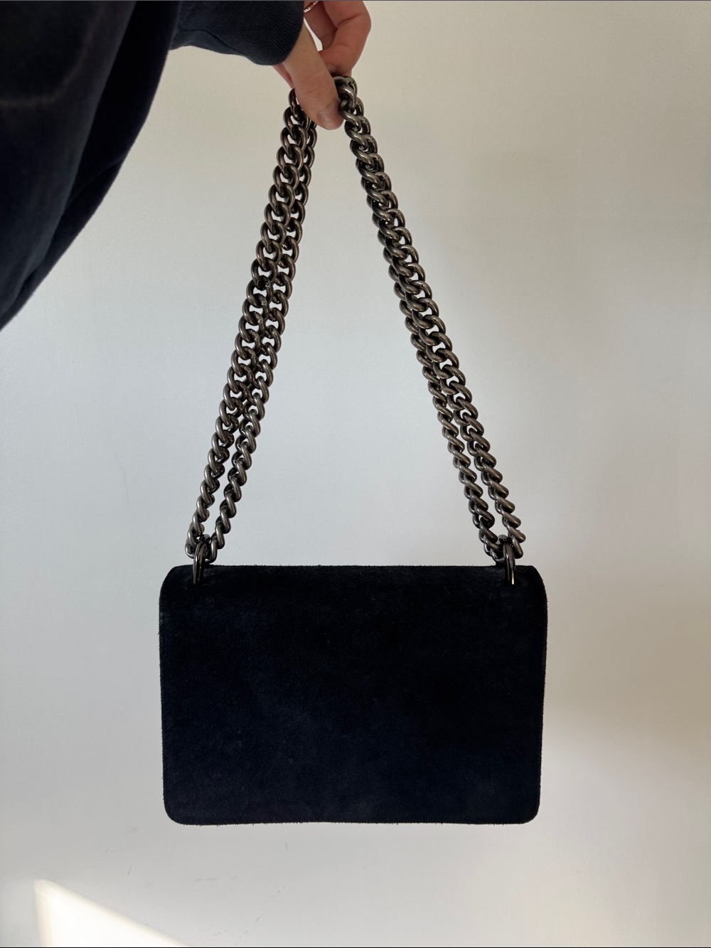 Black Suede Shoulder Bag with Gunmetal Chain Strap